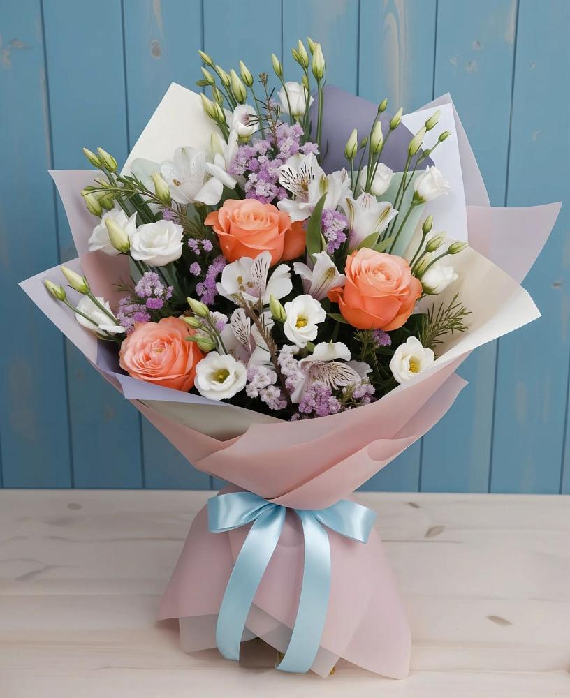Букет цветов из: Лизиантусы, Розы, Альстромерии и Гипсофила в Седкыркещ